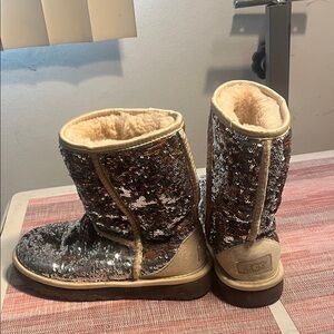 UGG Gold Sequin Boots with Cream Fur